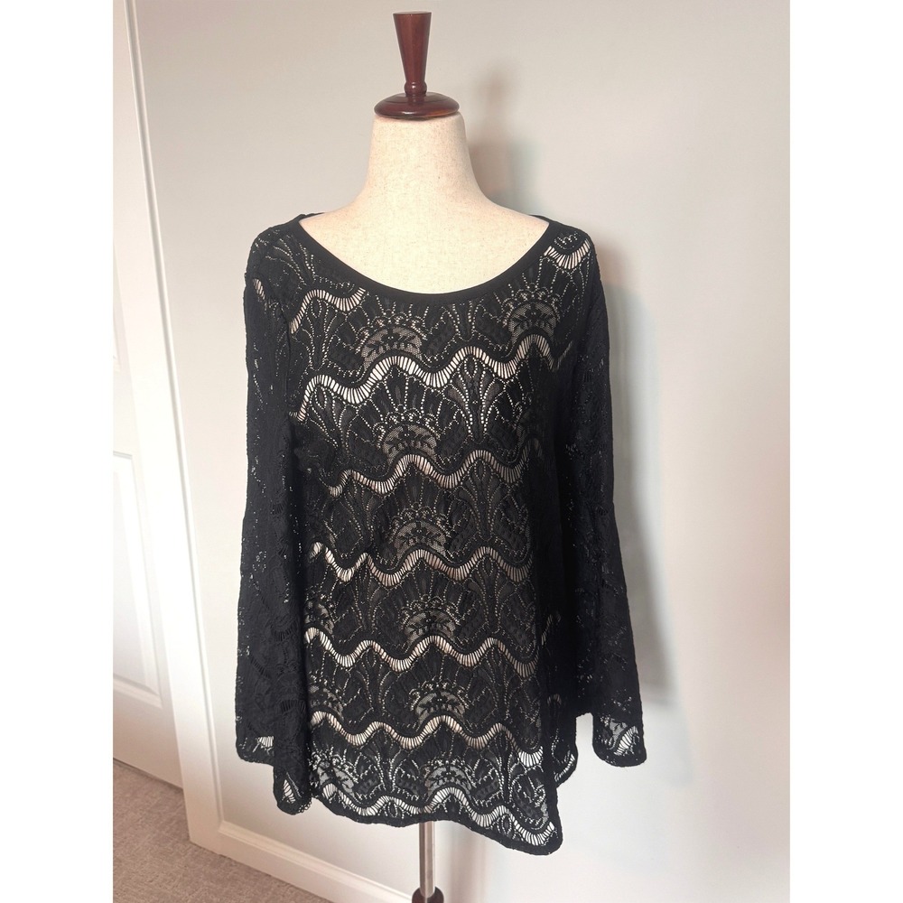 CHICO'S | Lace Bell Sleeve Blouse Women Size 2 Large Black Whimsigoth Boho Top